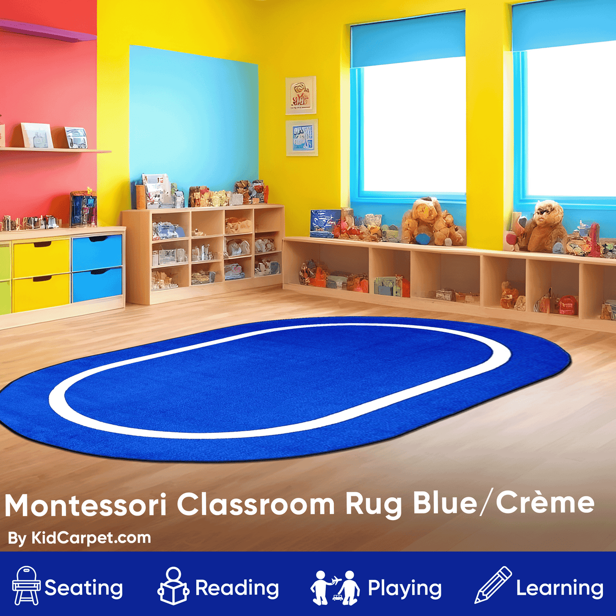 Montessori Classroom Rug Blue With Creme Line