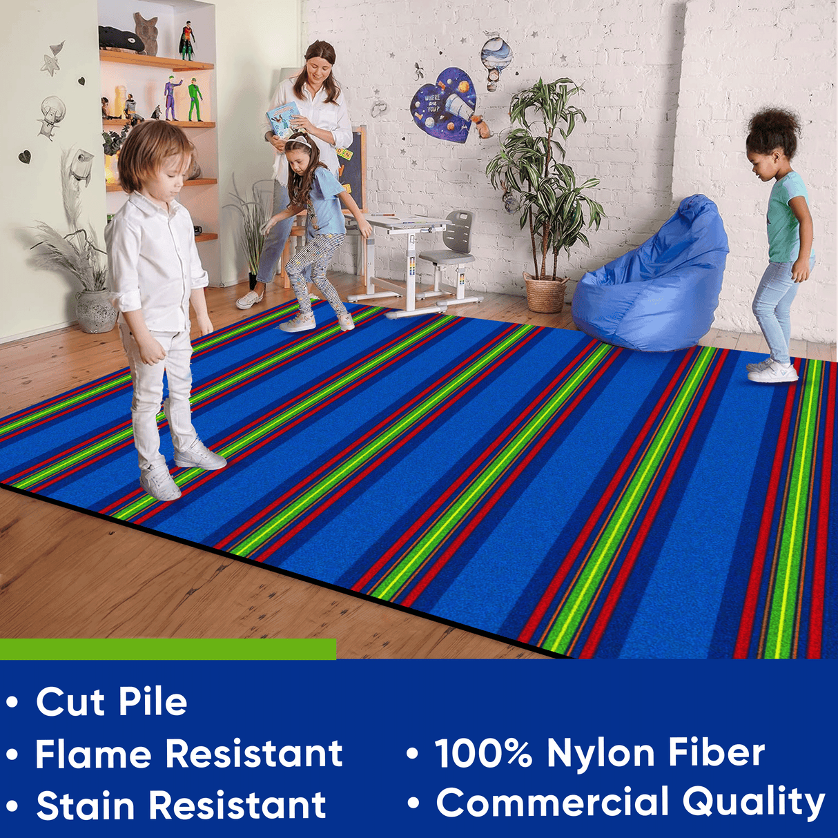 Classic Stripes Kids Rug Cool Blue