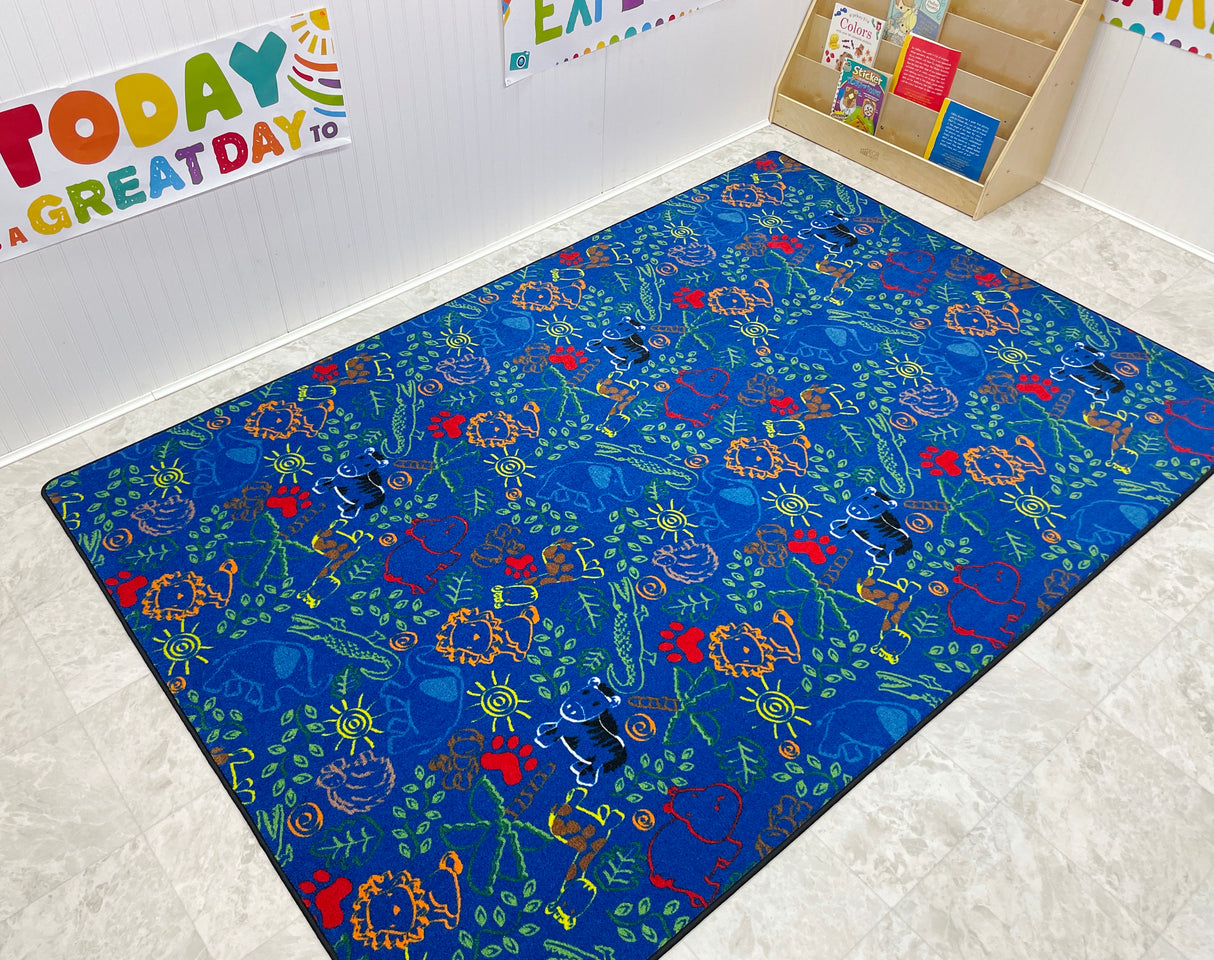 Animal Doodles Children's Rug Multi on Blue